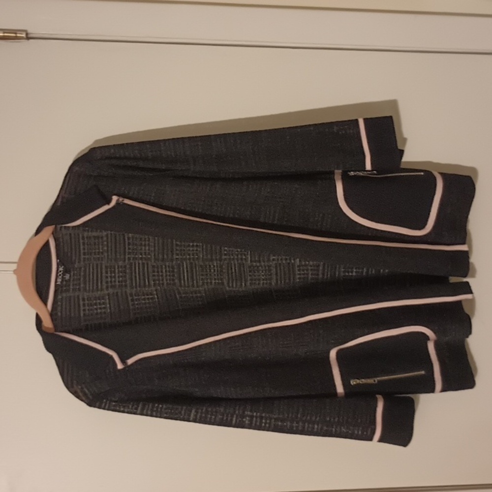 Misook Black W/Pale Pink Trim Knit Zipper Pocket Cardigan Size Large - Picture 7 of 9
